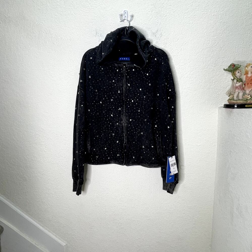 R3BEL Rebel Denim Women S Ash Black Rhinestone Crystal Zip Hoodie NWT